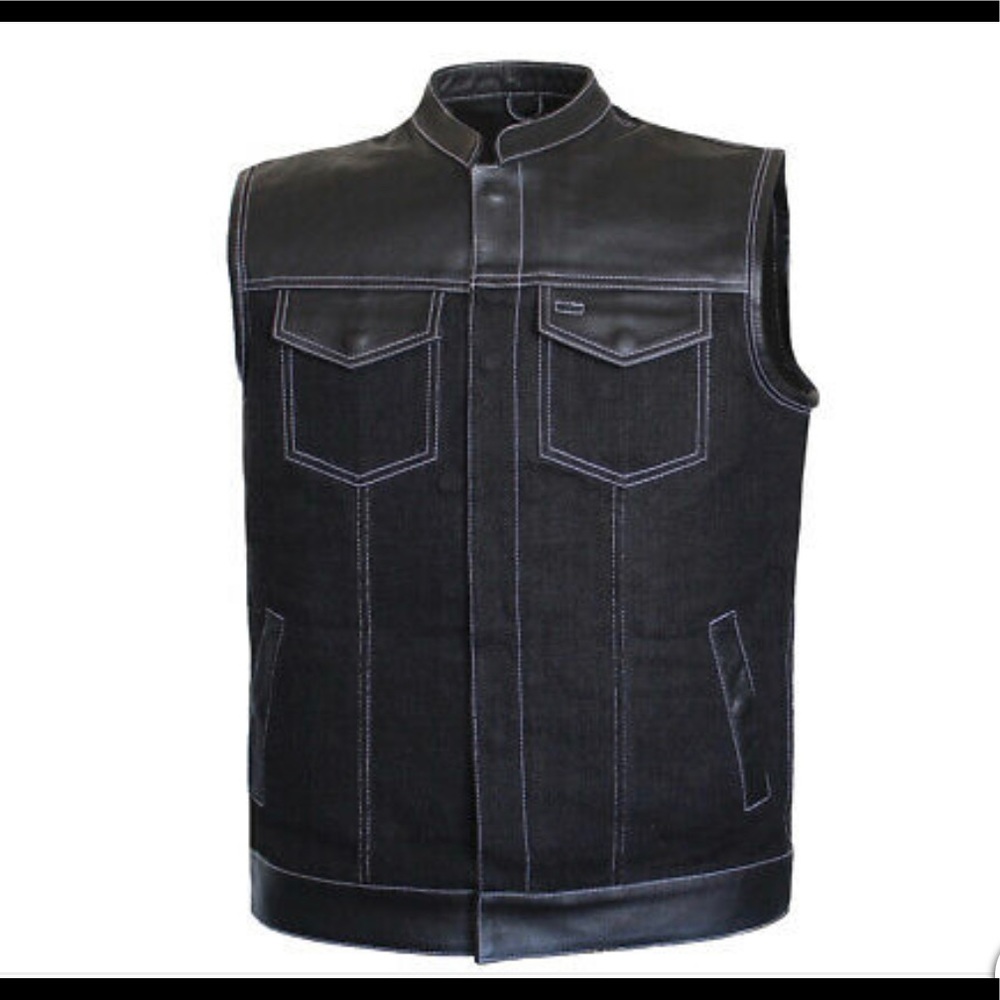 Men  Leather and Denim Biker Club Style Motorcycle Concealed Carry Vest